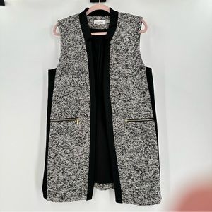 Calvin Klein Black/White Tweed Open Front Lined Vest w/Gold Zip Pockets Size XL